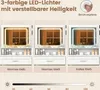 Three identical vanity tables are shown side-by-side, each with a different LED light color setting: warm yellow, warm white, and cool white. A slider at the bottom indicates brightness adjustment. Voir les images du produit