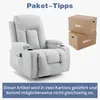 A light gray recliner chair is shown next to two cardboard boxes labeled 'BOX 1' and 'BOX 2'. Voir les images du produit