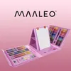 An open art set case with various art supplies, including crayons, markers, and paints, displayed on a pink background. Náhľad obrázku produktu
