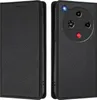 A black leather flip case for a smartphone, shown from the front and back. Produktbild-Vorschau