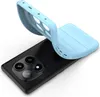 A light blue phone case is shown being placed onto a black smartphone. Produktbild-Vorschau