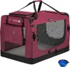 A dark red dog crate with black accents and mesh windows, shown with a small blue collapsible bowl at the bottom right. Anteprima dell’immagine prodotto