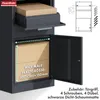 A dark gray parcel box with an open door showing two brown cardboard boxes inside. A diagram of the box's dimensions and accessories is shown in the top right corner. Náhled obrázku produktu