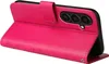 A pink flip case for a smartphone is shown open, revealing the phone's camera array. Produktbild-Vorschau