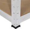 Close-up of the corner of a shelving unit, showing the metal support post, a particleboard shelf, and a black plastic foot. Produktbild-Vorschau