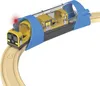 A toy train set with a yellow train going through a blue tunnel on wooden tracks. Podgląd zdjęcia produktu