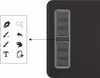 A graphic tablet with customizable buttons is shown next to a diagram of icons representing different tools and functions. Produktbild-Vorschau