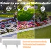 A collage of three garden scenes showing a white garden border in different weather conditions: snow, sun, and rain. The bottom right shows a close-up of the garden border stakes. Produktbild-Vorschau
