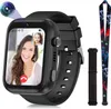 A smartwatch is shown with a video call on its screen, alongside accessories. Produktbild-Vorschau