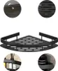 A collage of images showing a black corner shelf for a bathroom or kitchen, with close-ups of its details and examples of its use with toiletries. Náhľad obrázku produktu