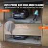 A split image showing a garage door before and after installation of a seal. The top shows a person sweeping debris from a garage. The bottom shows the garage door sealed. Náhled obrázku produktu