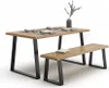 A wooden dining table and bench set with place settings and a vase of greenery. Náhľad obrázku produktu