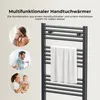 A collage of lifestyle images showing people using towels, next to a product image of a towel warmer. Voir les images du produit