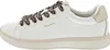A side view of a white sneaker with leopard print laces. Voir les images du produit