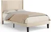 A beige upholstered bed with a headboard and bedding, shown against a white background. Produktbild-Vorschau