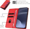 A red leather wallet-style phone case is shown open, displaying card slots and a cash slot. A phone is inserted into the case. There is also a diagram showing airflow. Produktbild-Vorschau