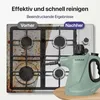 A split image showing a dirty and a clean stovetop, with a green steam cleaner in the foreground. Produktbild-Vorschau