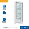 A white upright refrigerator with a glass door, displaying bottles on shelves. Icons and text describing features are on the left, and a brand logo is on the bottom right. Produktbild-Vorschau