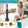 A woman sits on the floor next to a vacuum cleaner while a dust filter bag is shown in the foreground. Several small graphics illustrate common allergens. Produktbild-Vorschau