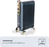 A blue oil-filled radiator heater is shown against a white background, with dimensions and a diagram displayed below. Anteprima dell’immagine prodotto