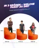 Three orange beanbag chairs of different sizes are shown with people standing next to them to indicate scale. Dimensions are provided for each chair. Produktbild-Vorschau