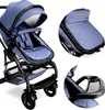 A collage showing different views and details of a blue and black stroller. Produktbild-Vorschau
