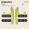 A marketing image showcasing a pair of gold door handles with descriptive text and icons highlighting features. Produktbild-Vorschau