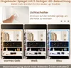 A collage showing a jewelry cabinet with LED lighting in three different color temperatures: warm yellow, white, and blue. A finger is shown pressing a light switch. Náhľad obrázku produktu