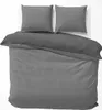 A top-down view of a grey seersucker duvet cover and two pillowcases laid out on a white surface. Produktbild-Vorschau