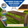 A brown plastic picnic table and bench set is shown on a grassy lawn, with close-up insets illustrating different ground surfaces and product features. Produktbild-Vorschau