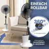 Two white pedestal fans are shown in a living room setting next to a beige armchair. Overlay text and graphics highlight product features. Produktbild-Vorschau