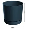A dark gray cylindrical planter with a saucer, shown with dimensions indicated by arrows and text. Anteprima dell’immagine prodotto
