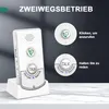 A white intercom device is shown on a white charging base, with two circular diagrams illustrating its functions. Produktbild-Vorschau