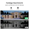 A split image showing a modern house at night, with the top half displaying color night vision and the bottom half displaying black and white night vision. Produktbild-Vorschau