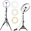 A ring light with a tripod stand and a smartphone holder is shown, along with three different colored ring lights. Anteprima dell’immagine prodotto