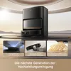 A robotic vacuum cleaner and its charging station are displayed in a modern, minimalist setting, with smaller inset images highlighting specific features. Produktbild-Vorschau