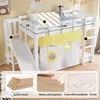 A children's loft bed with a slide and a tent-like curtain underneath, shown in a bedroom setting with decorative clouds and bunting. Detailed close-ups of materials are also shown. Produktbild-Vorschau