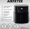A black air fryer is shown with a list of its features and benefits presented in text and icons. Produktbild-Vorschau
