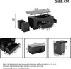 Diagrams and dimensions of a black coffee table and stools. Anteprima dell’immagine prodotto