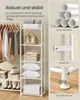 A white metal garment rack with clothes and accessories, next to a wall with marketing text and product feature close-ups. Produktbild-Vorschau
