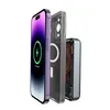 A purple iPhone, a clear phone case with a MagSafe ring, and a black power bank are arranged diagonally against a white background. Produktbild-Vorschau