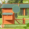 A wooden chicken coop with a green roof, set outdoors on grass with trees in the background. Text overlays highlight product features. Produktbild-Vorschau