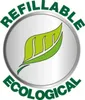 A circular graphic with a leaf icon and text indicating 'REFILLABLE ECOLOGICAL'. Produktbild-Vorschau