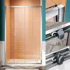 A collage of images showing a shower enclosure with close-ups of its sliding mechanism and frame. Podgląd zdjęcia produktu