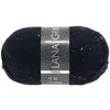 A ball of dark blue tweed yarn with colorful flecks, featuring a product label. Produktbild-Vorschau