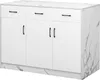 A white kitchen island with a marble-effect countertop and sides, featuring three drawers and three cabinet doors. Voir les images du produit