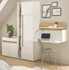 A modern home office setup with a white and wood-tone wall-mounted desk and storage unit. Produktbild-Vorschau