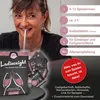 A woman is smiling and drinking from a straw, with a game box and cards displayed in the foreground. Information about the game is presented in icons and text on the right side. Produktbild-Vorschau