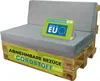 A pallet sofa with grey cushions and promotional signs. Podgląd zdjęcia produktu