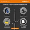 A collage of product accessories and a central lighting stand, with text describing compatibility and features. Voir les images du produit